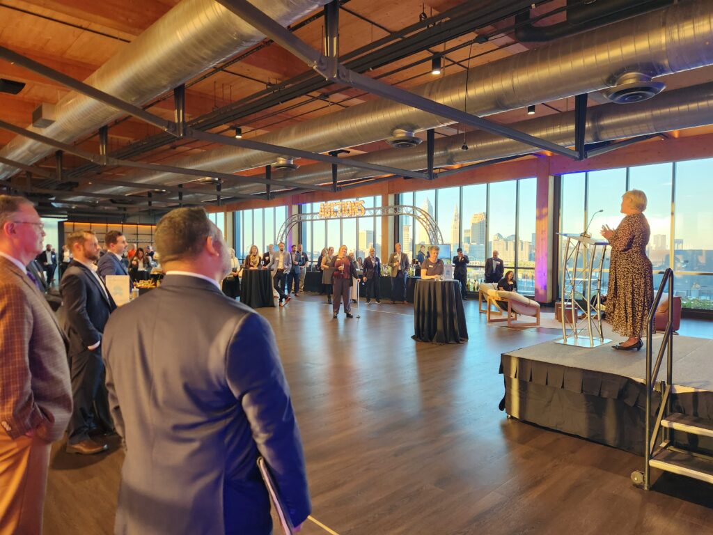 Keystone Threaded Products president, Betsy Minnick, presents on behalf of Keystone at the 2025 Nuts & Bolts Bash fundraiser held on October 16th in Cleveland's Ohio City neighborhood.